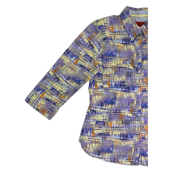 SUNSET RD Womens Button Up Top Size 10 Purple Multicolor Print 3/4 Sleeves - Picture 9 of 10